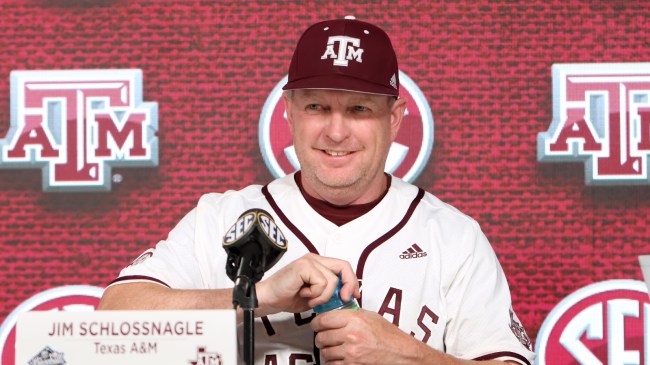 Texas A&M baseball coach Jim Schlossnagle speaks to the media.