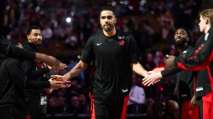 Jontay Porter is introduced before a Toronto Raptors game.