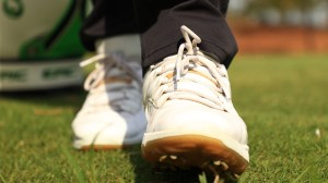 A view of Jon Rahm's golf shoes