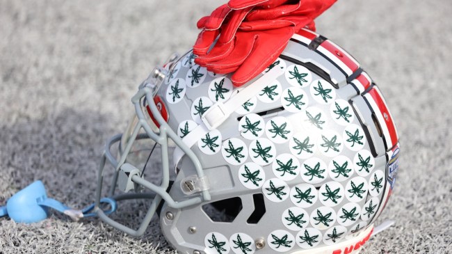 An Ohio State football helmet on the sidelines.
