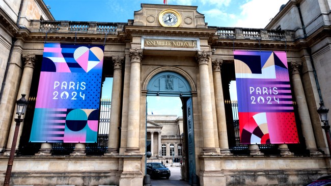 Palais Bourbon with the flags of the Olympic Games Paris 2024