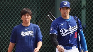 Shohei Ohtani of the Los Angeles Dodgers and interpreter Ippei Mizuhara