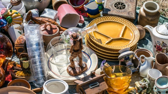 housewares on table at thrift shop