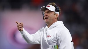 Lane Kiffin on the sidelines during a game between Ole Miss and Georgia.