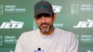 Aaron Rodgers of the New York Jets speaks to the media