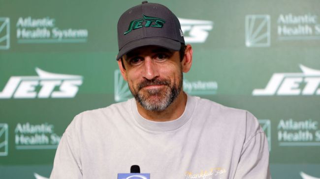Aaron Rodgers of the New York Jets speaks to the media