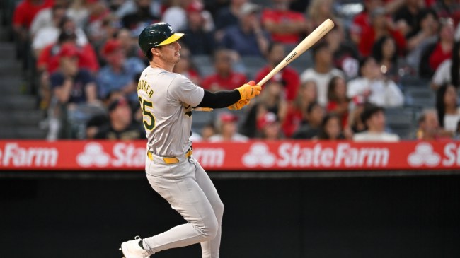 A's outfielder Brent Rooker hits a home run against the Angels.
