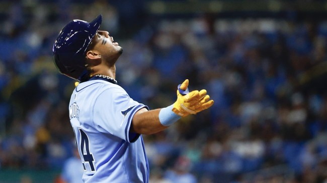 Christopher Morel celebrates after hitting a HR for the Rays.