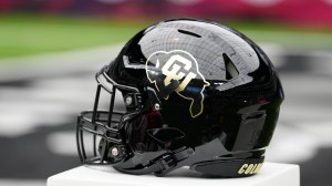 A Colorado football helmet at Big 12 Media Day.