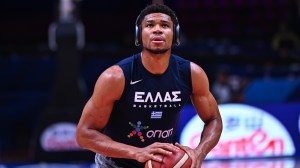 Giannis Antetokounmpo warms up for Greece in the FIBA Olympic Qualifying Tournament.