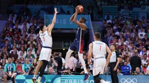 Team USA Kevin Durant 2024 Summer Olympics in Paris vs. Serbia