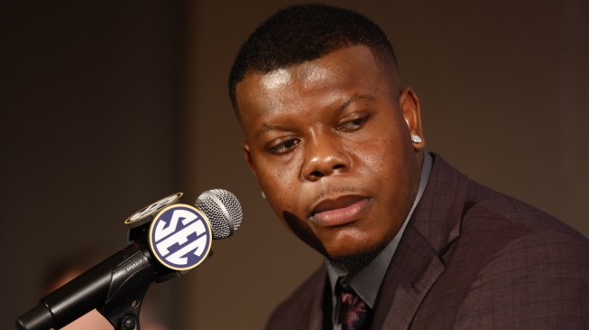 Arkansas QB KJ Jefferson speaks at SEC Media Days.