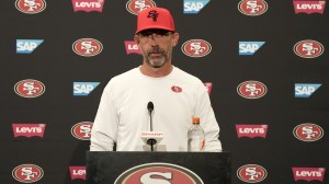 49ers head coach Kyle Shanahan addresses reporters during a press conference.