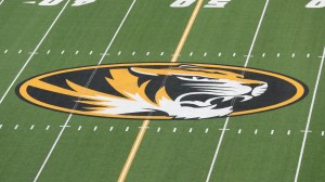 A view of the logo on the Missouri Tigers football field.