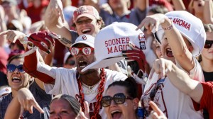 Oklahoma Sooners fans celebrate during a football game vs. Texas.