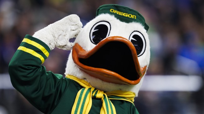 The Oregon Ducks' mascot celebrates at the PAC 12 Championship.