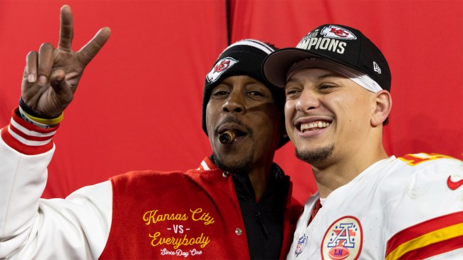 Patrick Mahomes of the Kansas City Chiefs celebrates with his father