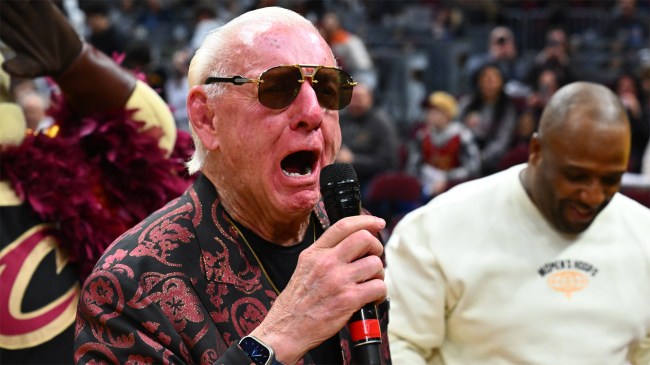 Ric Flair hypes up crowd during game between Cleveland Cavaliers and Minnesota Timberwolves