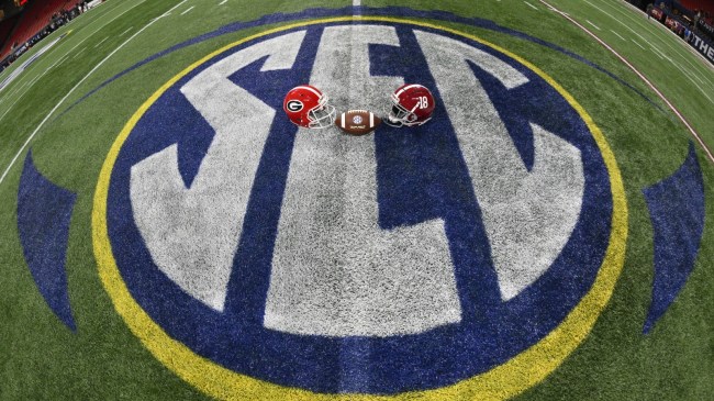 A logo at midfield before the SEC Championship.