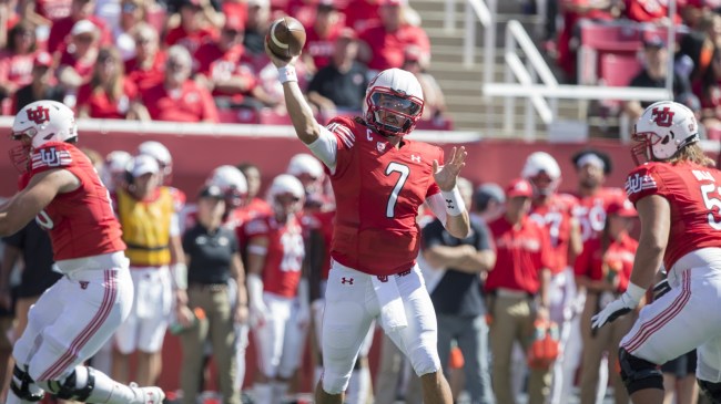 Cam Rising throws a pass for the Utah Utes.