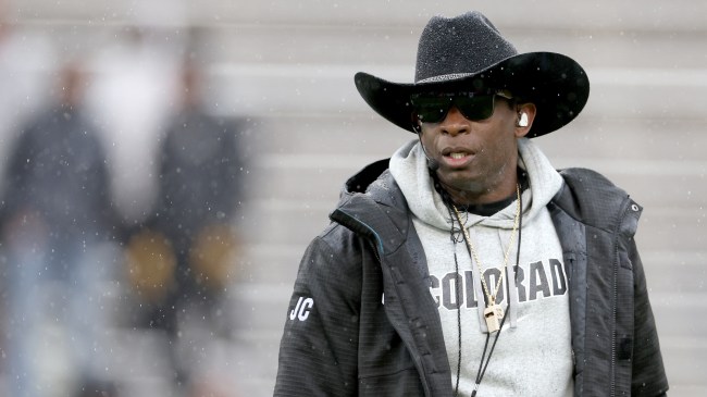 Deion Sanders on the field during Colorado's spring game.
