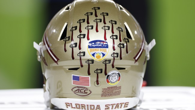 A Florida State helmet on the sidelines.