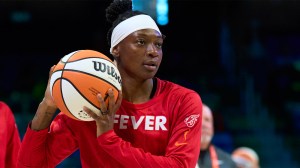 indiana fever player erica wheeler warms up before game