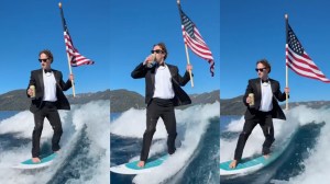 Mark Zuckerberg drinking beer while wakesurfing in a tuxedo