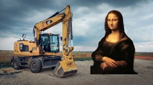 Mona Lisa painting drawn by construction crew using Caterpillar construction vehicles