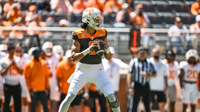 Nico Iamaleava drops back to pass during the Tennessee Vols spring game.