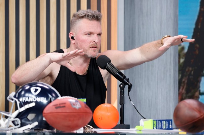 Former NFL player and host Pat McAfee speaks on radio row ahead of Super Bowl LVII at the Phoenix Convention Center on February 9, 2023 in Phoenix, Arizona. (Photo by Mike Lawrie/Getty Images)