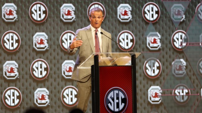 South Carolina head coach Shane Beamer speaks at SEC Media Days in Dallas.