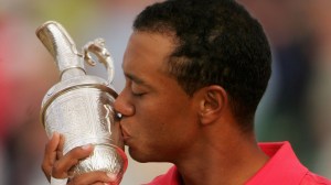 Tiger Woods kissing Claret Jug at 2006 British Open