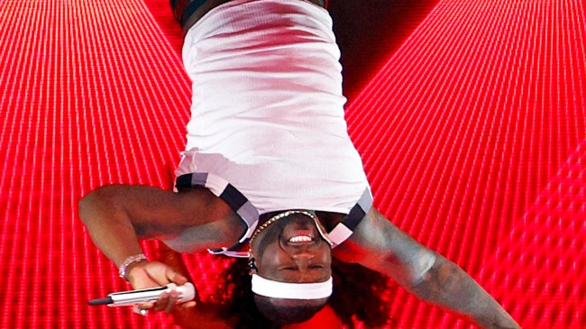 50 Cent upside down during Super Bowl halftime show