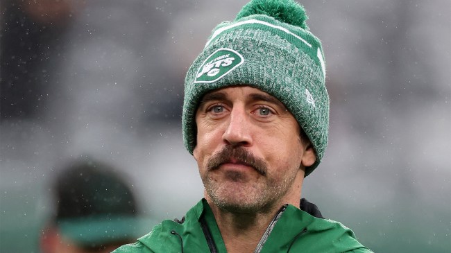 Aaron Rodgers 8 of the New York Jets looks on during warm ups