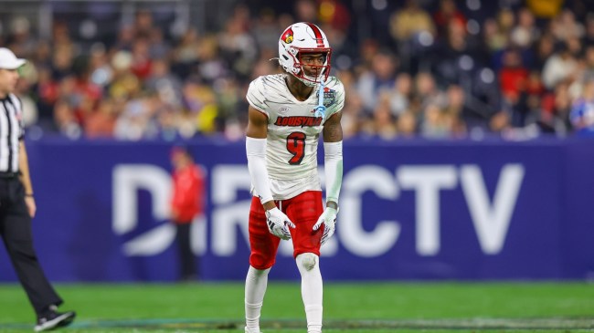 Ahmari Huggins-Bruce lines up for Louisville in the Holiday Bowl.