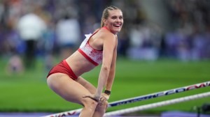 Alysha Newman of Team Canada celebrates during Women's Pole Vault Final Olympic Games