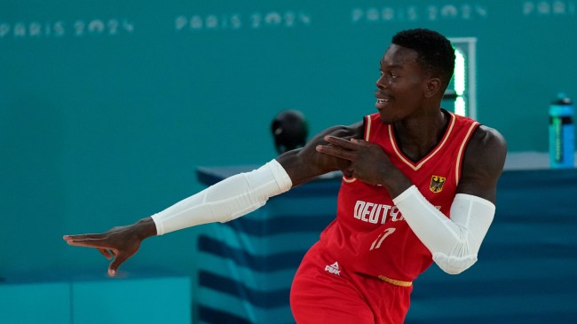 Dennis Schroder celebrates during the Paris Olympics.