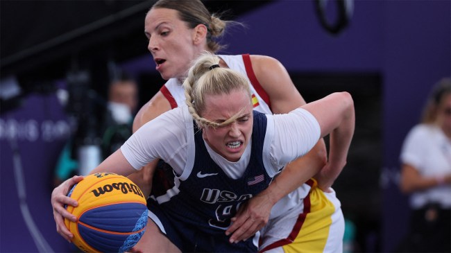 Hailey van Lith and Sandra Ygueravide compete in the women's 3x3 basketball