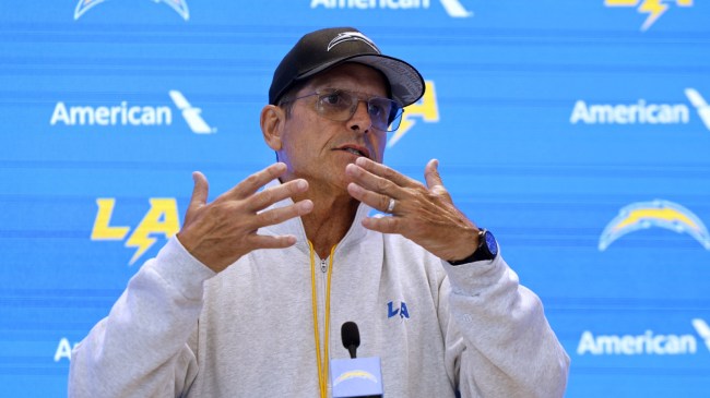 Los Angeles Chargers head coach Jim Harbaugh addresses the media.
