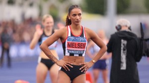 Lina Nielsen of Great Britain preps for competition.