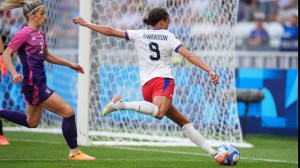 Mallory Swanson 9 of the United States strikes the ball during Olympic Games Paris 2024