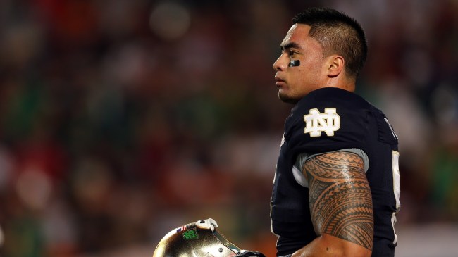 Manti Te'o on the field for Notre Dame during a matchup with Alabama.