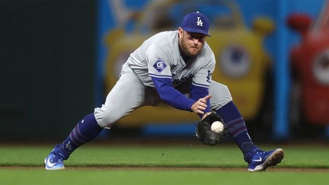 Max Muncy 13 of the Los Angeles Dodgers plays third base