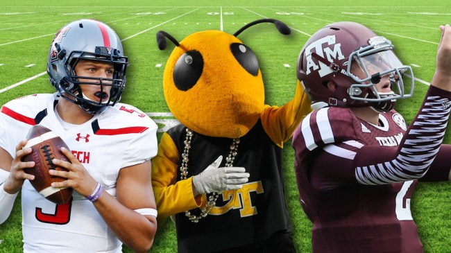 Texas Tech QB Patrick Mahomes, Georgia Tech Yellow Jackets mascot, and Texas A&M QB Johnny Manziel