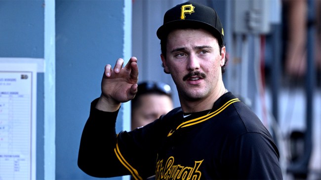 Paul Skenes 30 of the Pittsburgh Pirates looks on from the dugout