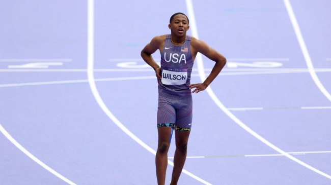 Quincy Wilson on the track for Team USA at the Paris Olympics.