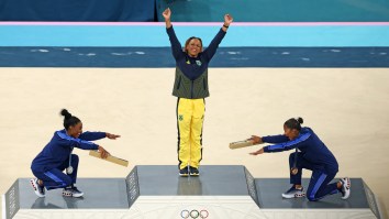 Jordan Chiles And Simone Biles Bow Down To Floor Champion Rebeca Andrade On Podium