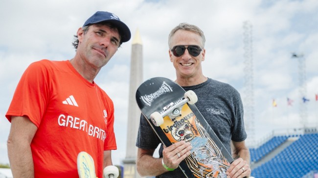 Tony Hawk and Andy MacDonald at the Olympics in Paris.