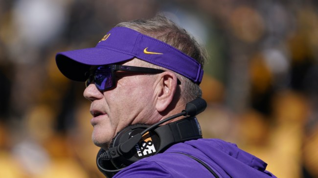 LSU head coach Brian Kelly on the field for a game vs. Missouri.